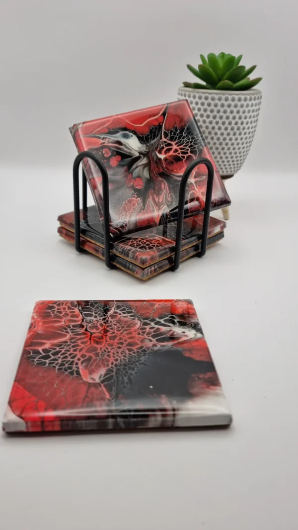 Designové podtácky (4 ks, 10 cm) + stojan | Tajemná černá s vášnivou červenou - Image 6